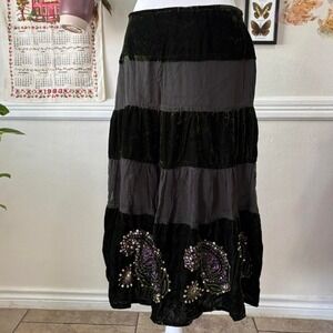 NWT Caroline Little Sz 8 Midi Skirt Silk Blend Y2K Velvet Embroidery Sequin Boho